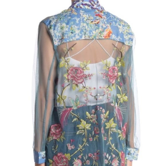 Aratta Tops - NWT Aratta Birds Talk Hummingbird Embroidered Mesh Kimono Blue Floral Small